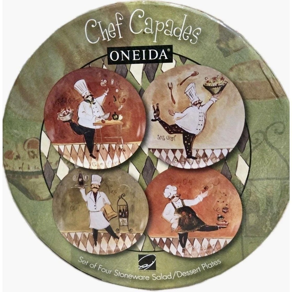 Set of 4 Oneida Jennifer Sosik Chef Capades Stoneware salad dessert plates 8.25"